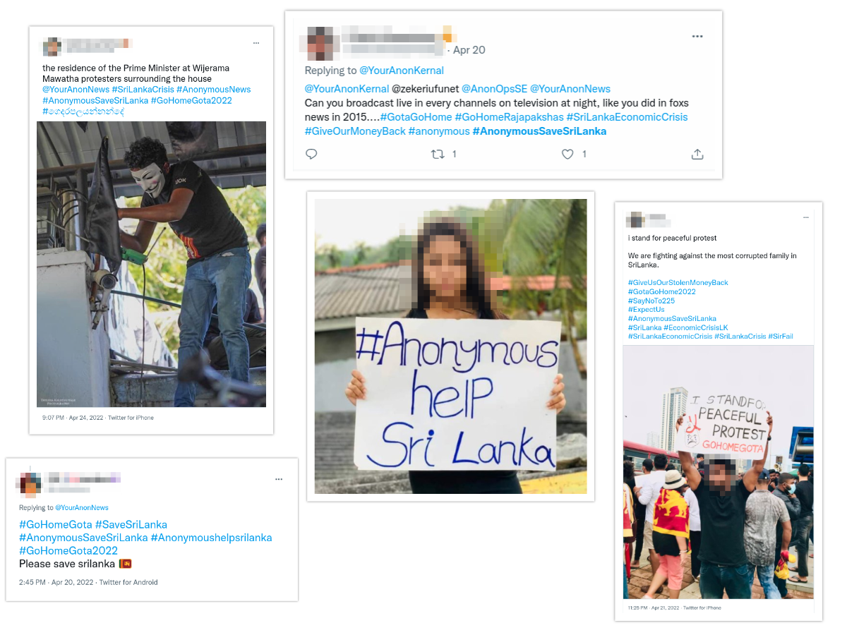 Image: Screenshots of Sri Lankan Twitter users requesting Anonymous’ help to ‘save Sri Lanka’.