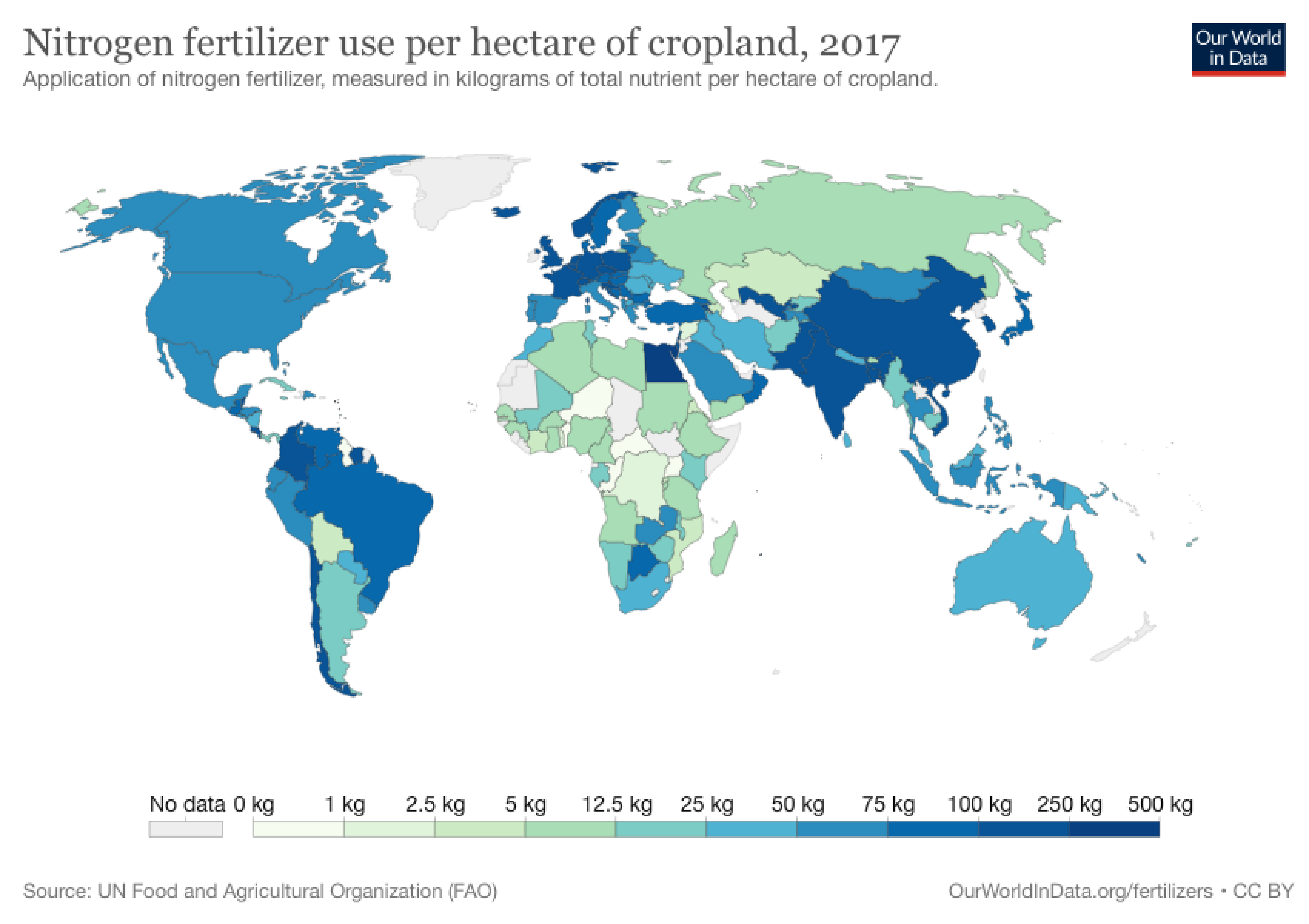 Image from Our World in Data / fertilizers, showing the nitrogen fertilizer use per hectare worldwide.