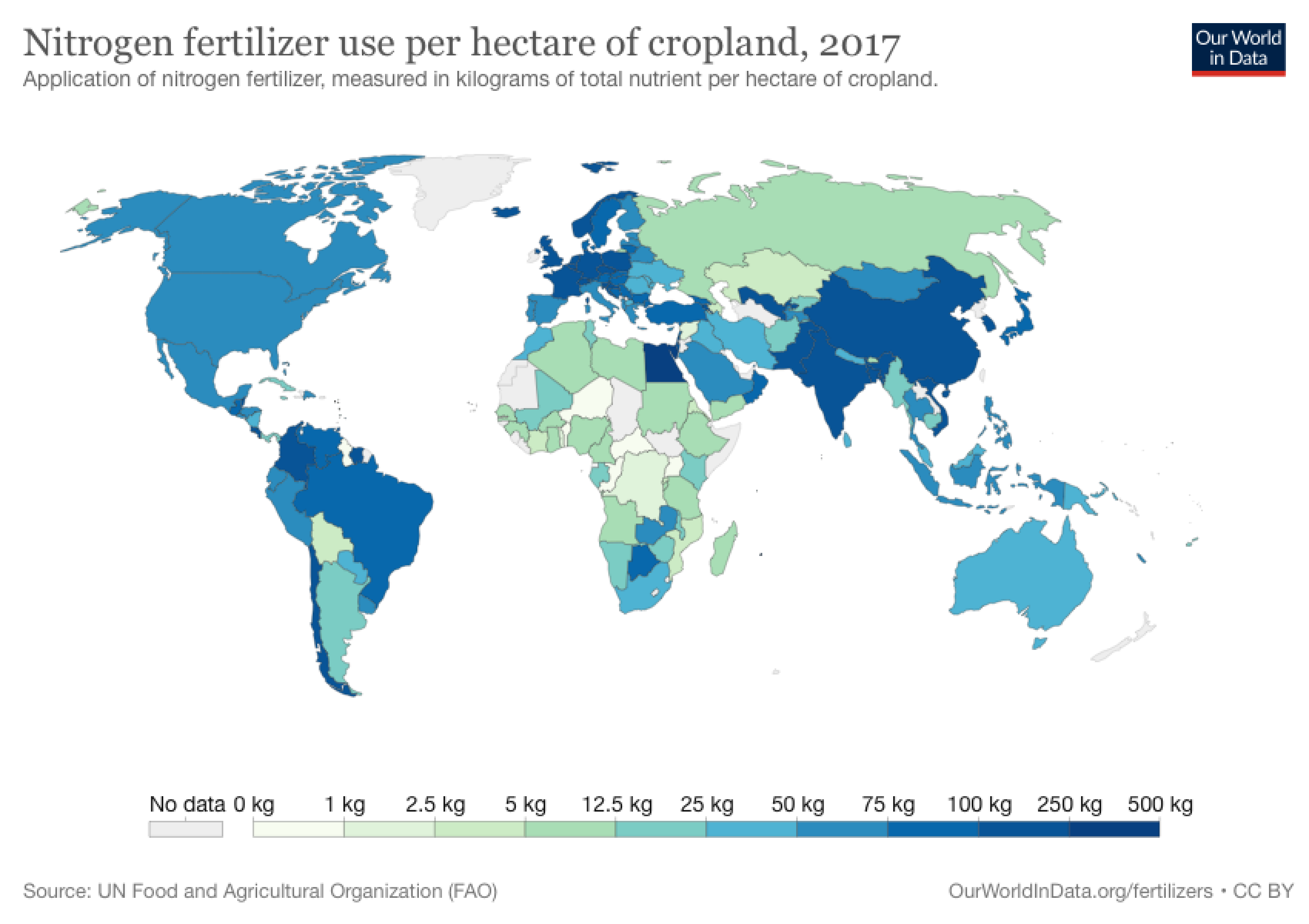 රූපය Our World in Data වෙතින්. ලොව පුරා හෙක්ටයාරයකට භාවිත කරන නයිට්‍රජන් පොහොර ප්‍රමාණය ඉන් පෙන්නුම් කරයි.