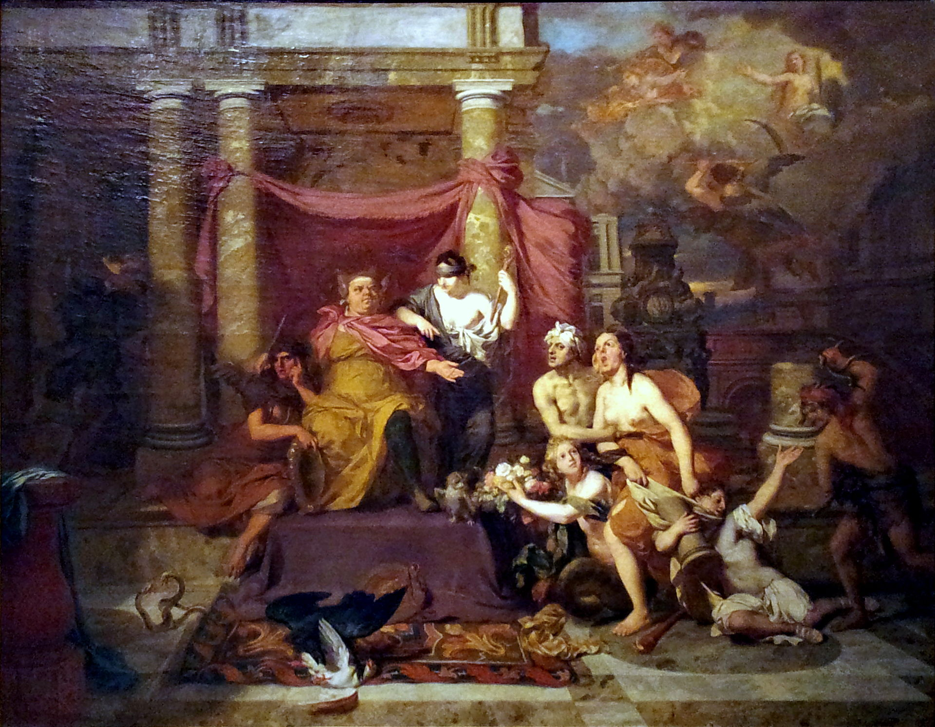 The Court of Foolishness of Gerard de Lairesse. The accused, pursued by Hatred, is led by Calumny, Envy and Perfidy before a judge with donkey ears, surrounded by Ignorance and Suspicion. From WikiMedia Commons.